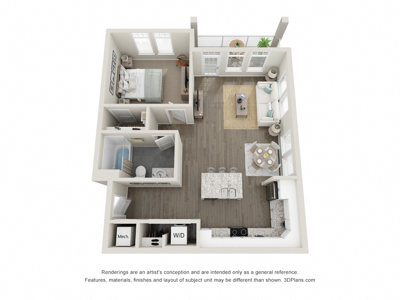 Floor plan for 1 bed, 1 bath, 738 sqft